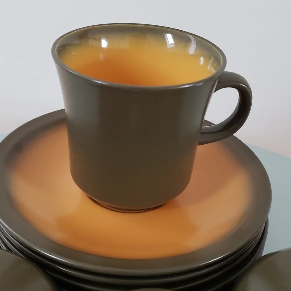 Premiere Nu Stone CANTELOPE 7606 Japan 70s Cups & Saucers Brown & Orange, VTG
